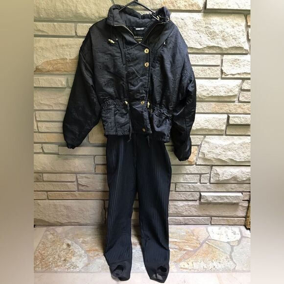 Vintage Obermeyer 2 pc Ski Jacket Pants Ski Suit Black Brocade Gold 80s 12P - Picture 2 of 16